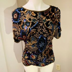 Vintage Oleg Cassini Silk Beaded Top